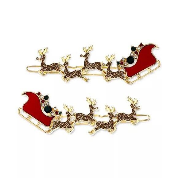 Christmas Santa Sleigh Barrette Hair Clip 2 Piece Set Reindeers Chic Elegant NWT - Picture 1 of 6